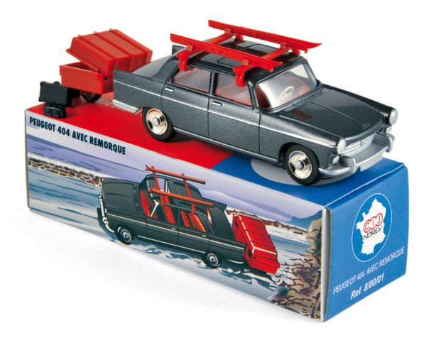 Peugeot 404 avec ski et remorque 1/43